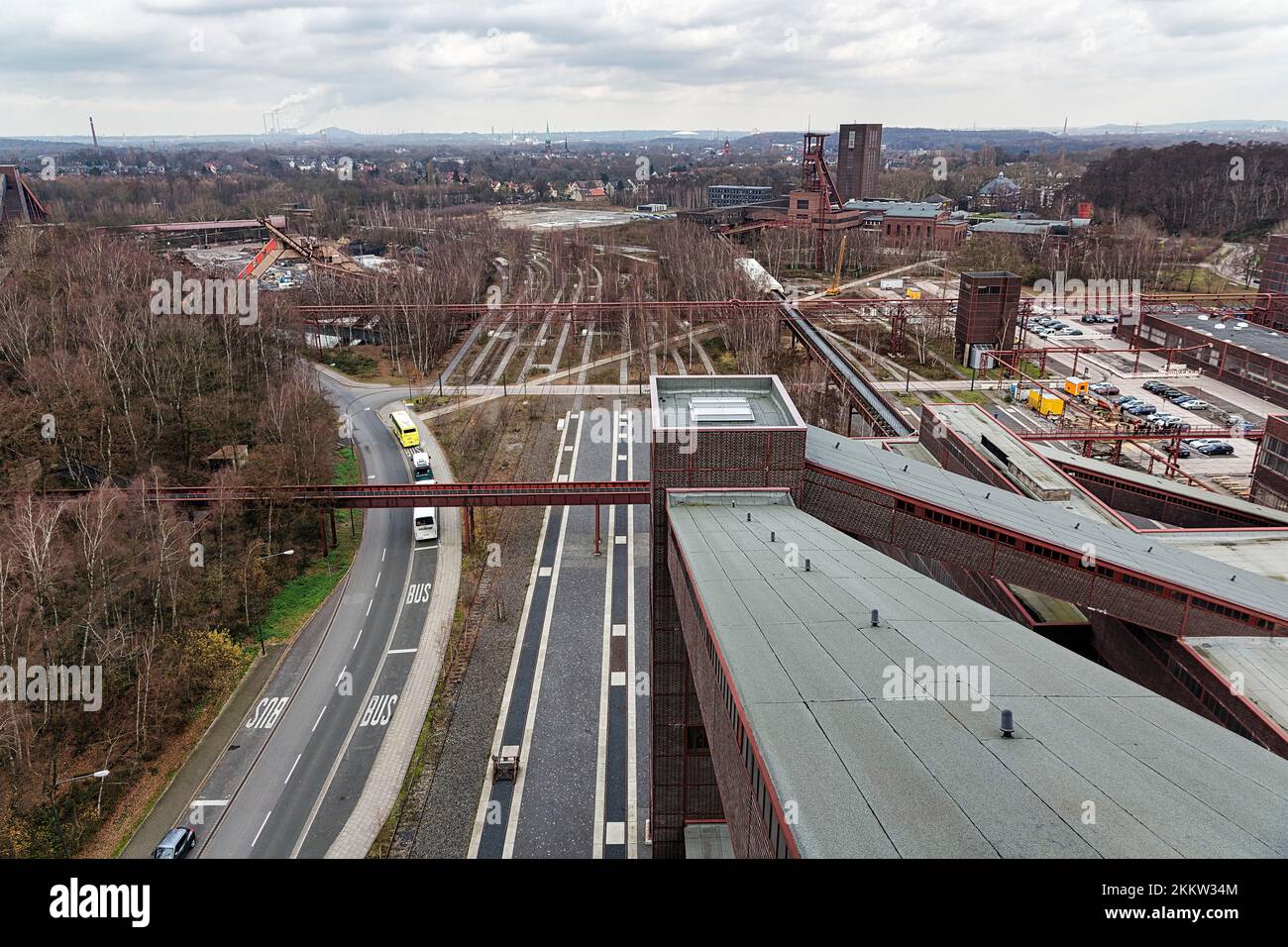 Panoramic view from the viewing platform, Zeche Zollverein, former coal mine, industrial monument, dreary winter weather, Essen, Ruhr area, North Rhin Stock Photo