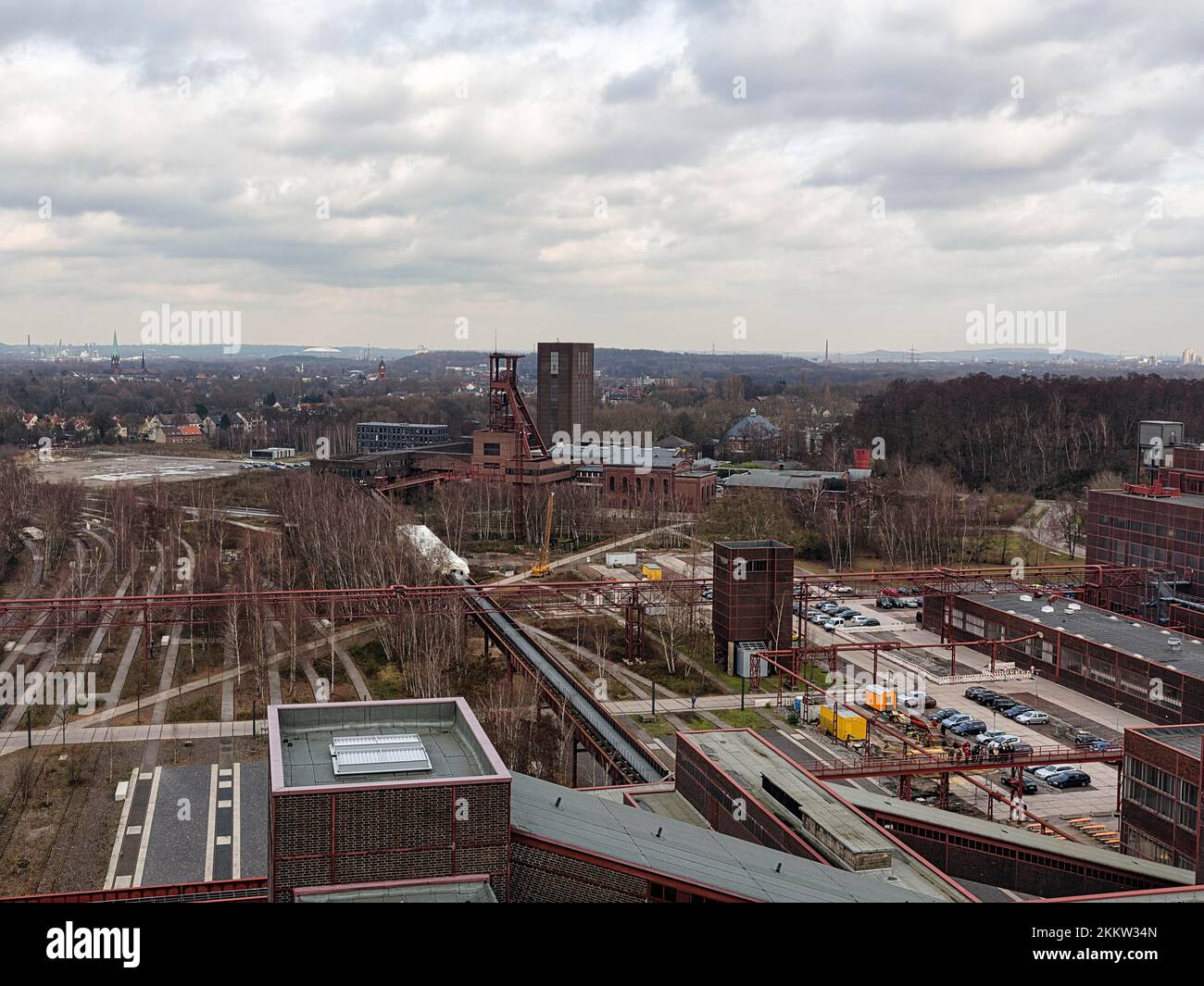 Panoramic view from the viewing platform, Zeche Zollverein, former coal mine, industrial monument, dreary winter weather, Essen, Ruhr area, North Rhin Stock Photo