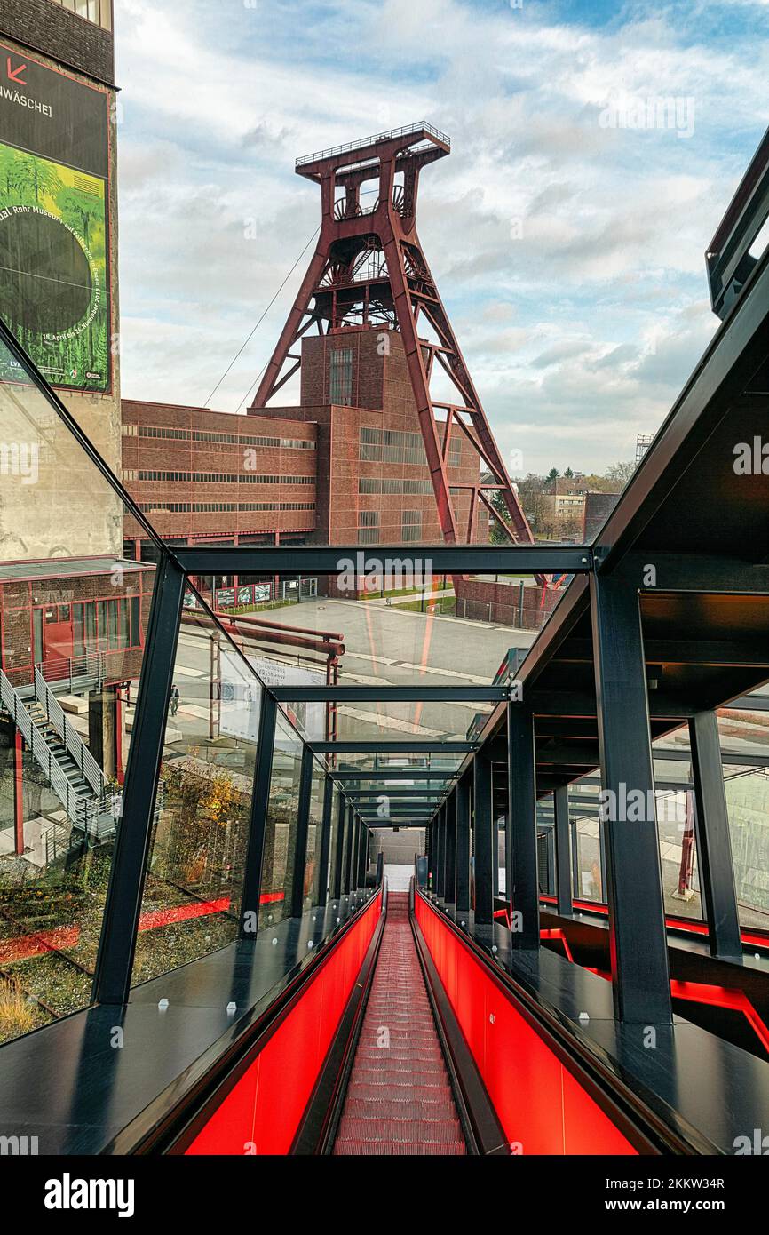 View from the escalator, gangway of the visitor centre to the winding tower, Ruhr Museum, Zeche Zollverein, former coal mine, industrial monument, Ess Stock Photo