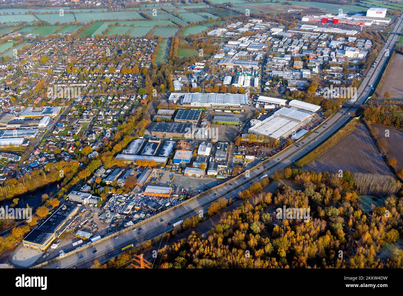 Aerial view of the Barsbüttel industrial estate on the A1 motorway, transport links, logistics, Hamburg region, Barsbüttel, Schleswig-Holstein, German Stock Photo
