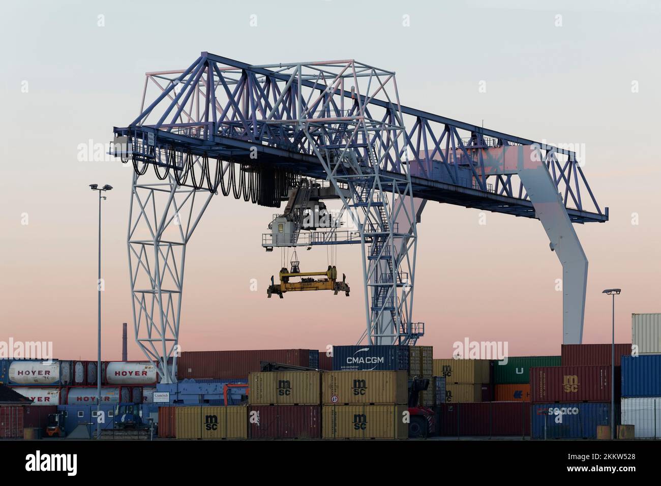 Container crane in the Rhine port of Krefeld, twilight, Krefeld-Uerdingen, North Rhine-Westphalia, Germany, Europe Stock Photo