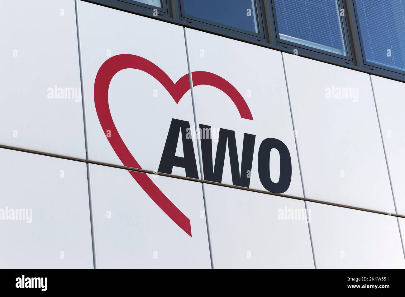 Arbeiterwohlfahrt e.V. AWO, logo on the building, non-profit association for social commitment, Düsseldorf, North Rhine-Westphalia, Germany, Europe Stock Photo