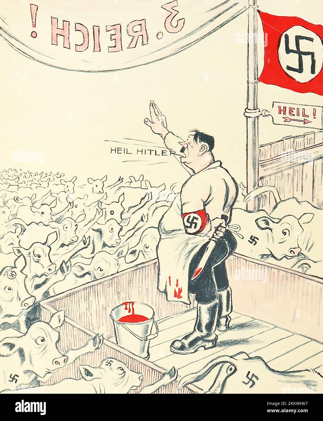 Caricature from the magazine 'Roter Pfeffer' with the caption - Only the most stupid calves choose their own butchers! - Published in Berlin in 1932. Stock Photo