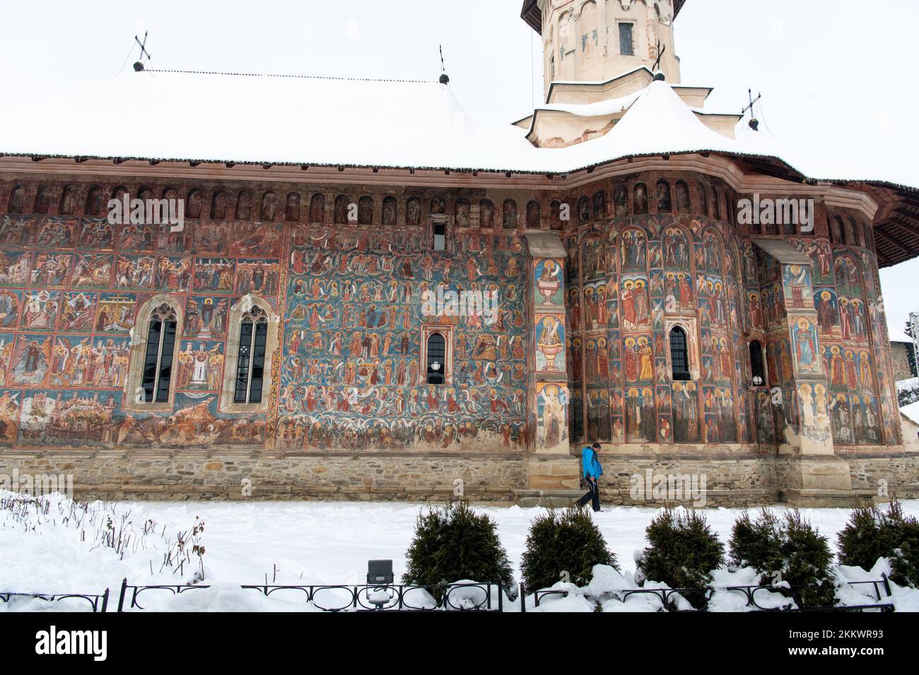 Moldovita, Romania, 2021-12-29. Moldovita Monastery, in the Bukovina region. Its exterior walls are composed of frescoes painted in the 15th and 16th Stock Photo