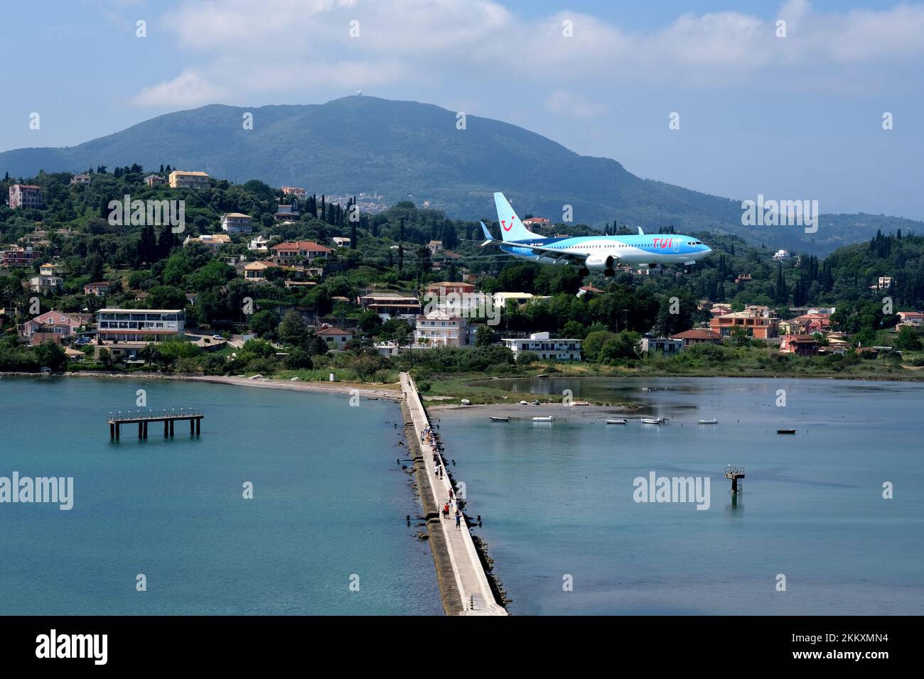 Plane landing in Corfu Greece Stock Photo
