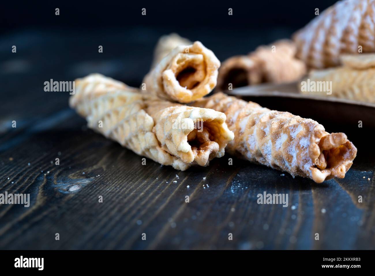 Homemade crispy waffles on the table , waffle wheat flour dessert Stock