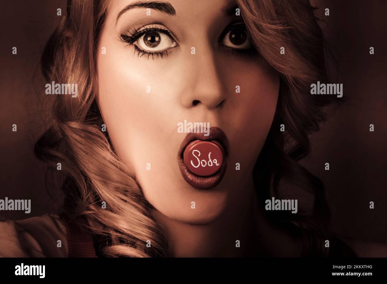 Cute retro portrait on the face of a surprised vintage soda girl