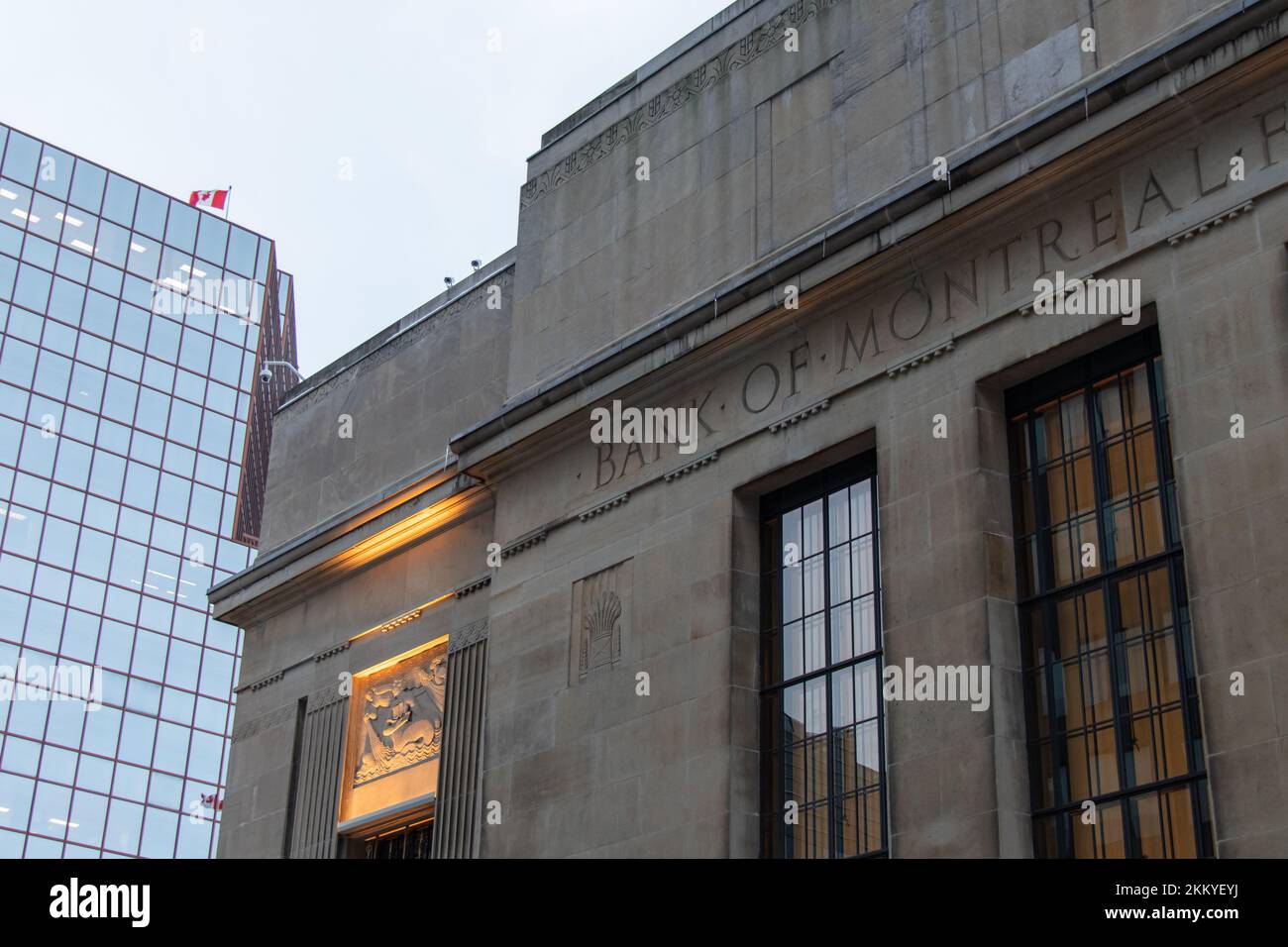 The Bank of Montreal text is seen engraved on the top of a building in downtown Ottawa. BMO is oldest bank in Canada founded in 1817 in Montreal. Stock Photo