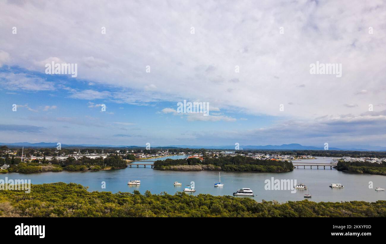 An aerial view of the yachts and boats in the Macquarie port in