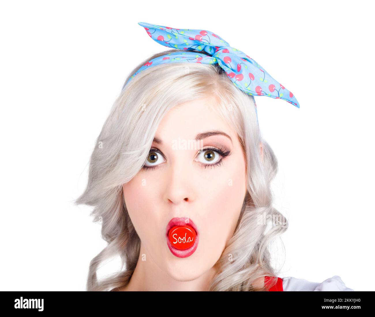 Retro girl with a soda bottle cap in the mouth with a surprised