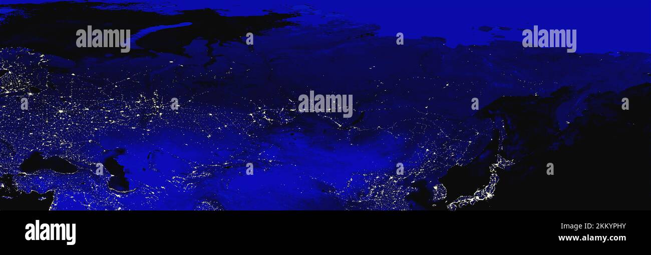 Russia, Korea, Japan, China electric lights map at night. City lights. Night satellite view. Mixed media Stock Photo