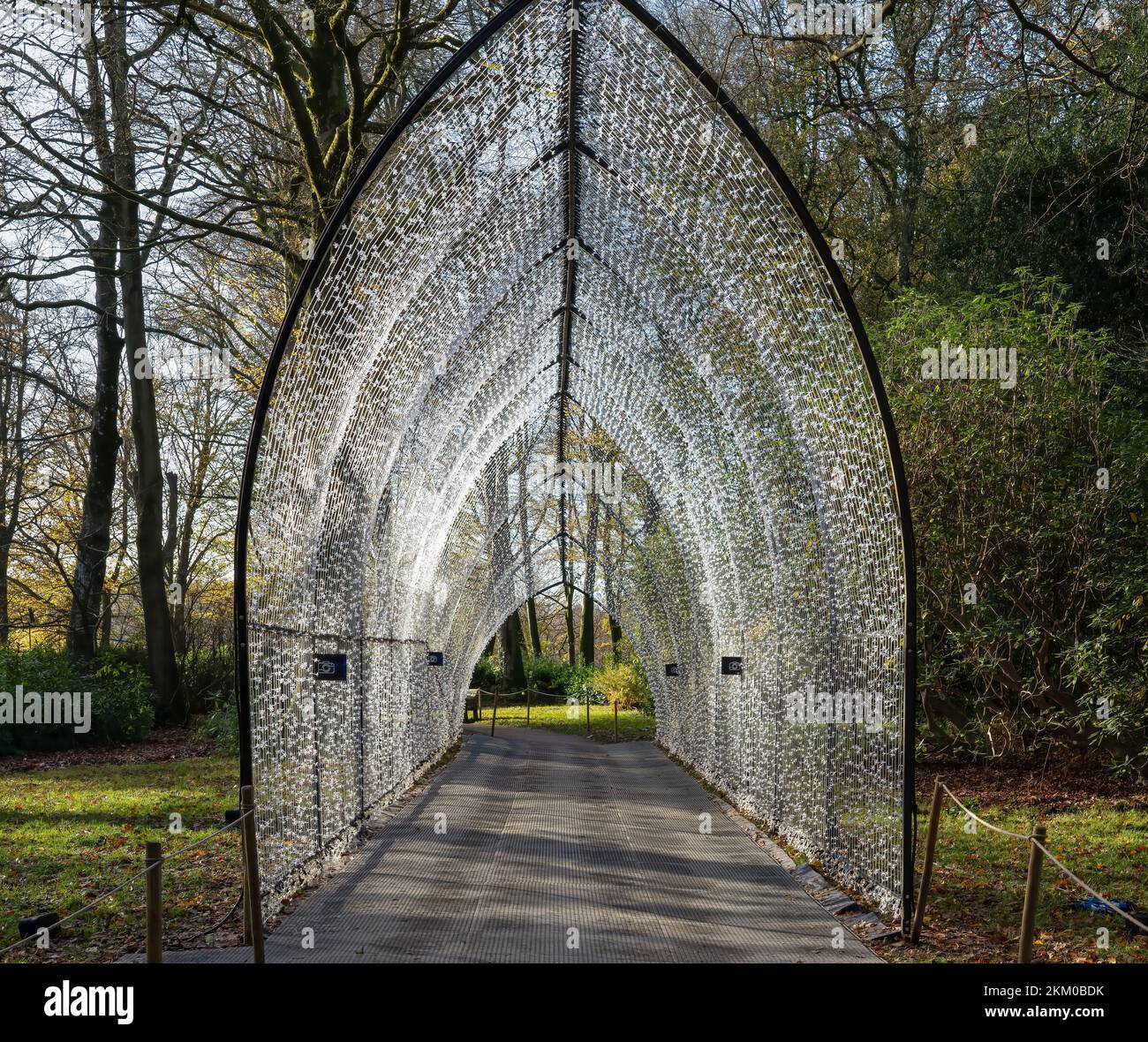 daytime view of the Goden Arch made with thousands of LEDs to illuminate part of the Christmas walk trail, Stourhead estate, Wilts UK Stock Photo