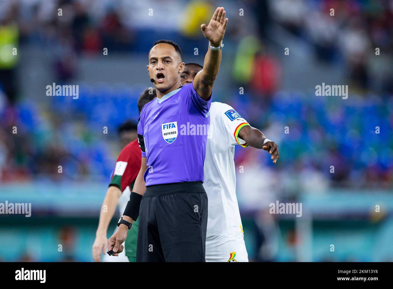 Doha, Qatar. 24th Nov, 2022. Soccer: World Cup, Portugal - Ghana, preliminary round, Group H, Matchday 1, Stadium 974, referee Ismail Elfath gesticulates. Credit: Tom Weller/dpa/Alamy Live News Stock Photo