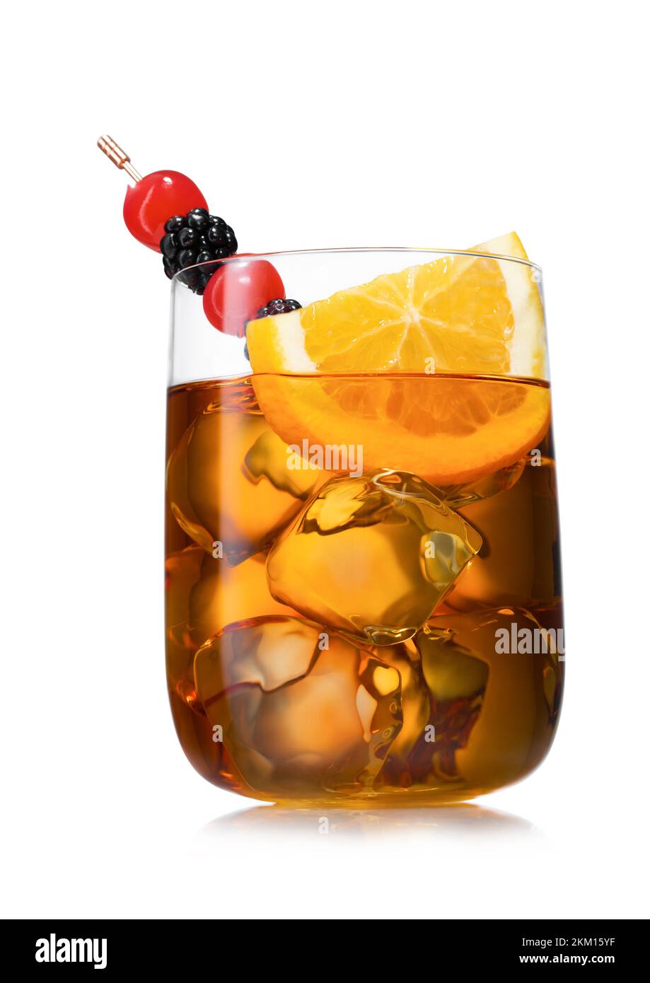 John Collins or Whiskey sour cocktail in glass decorated with cherry, slice  of orange and straws isolated on white background Stock Photo