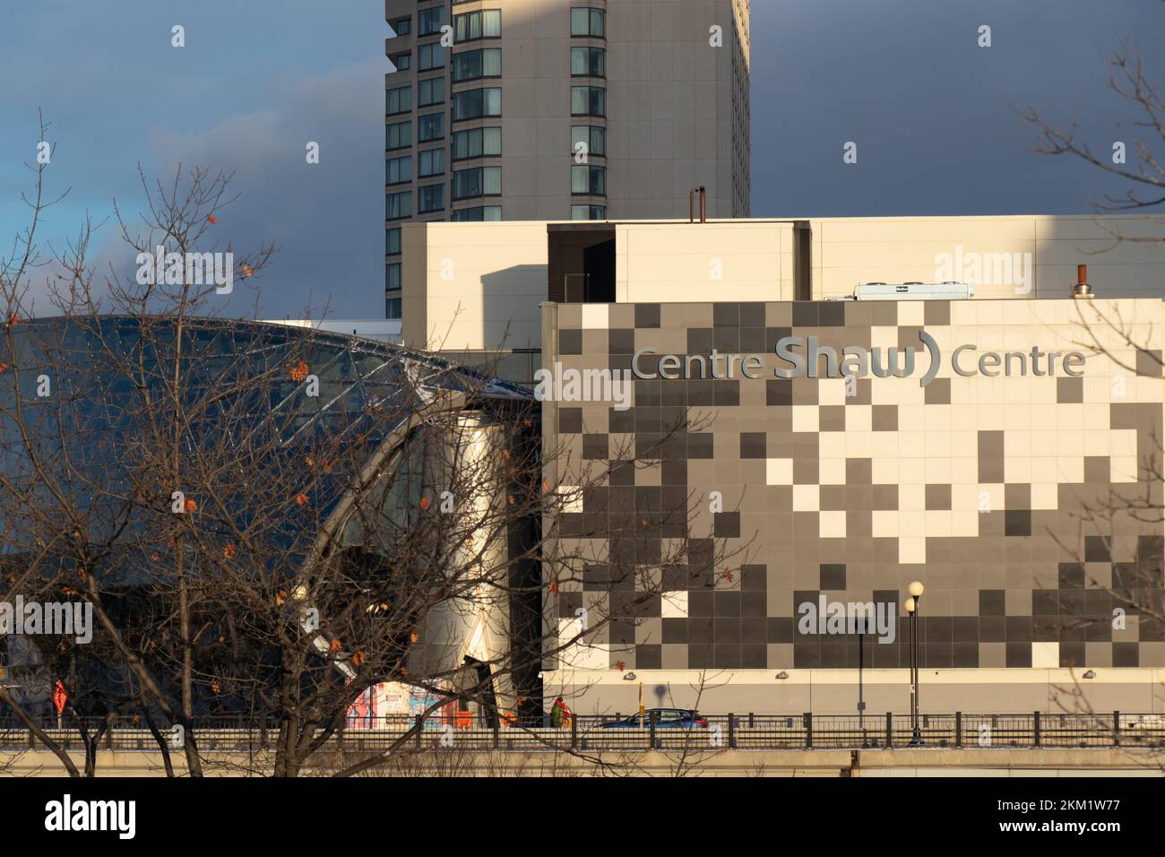Morning golden sunlight is shining of the side of the Shaw Centre in downtown Ottawa, the host to many large events and venues in Canada's capital. Stock Photo