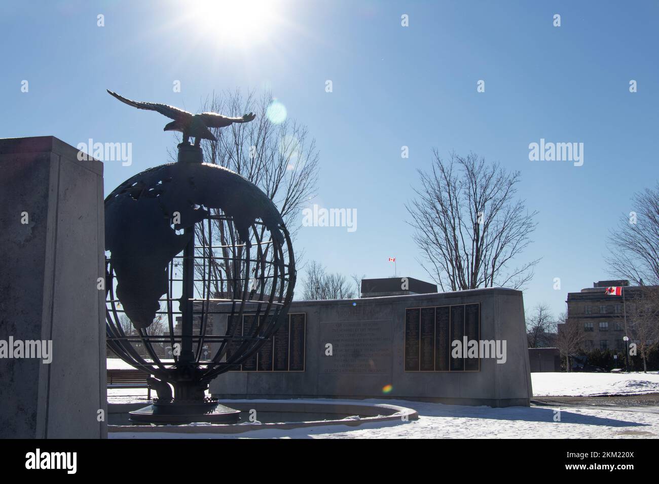 The sun shines down on the Commonwealth Air Force Memorial, honouring the almost 800 men and women of the Air Forces of the Commonwealth. Stock Photo