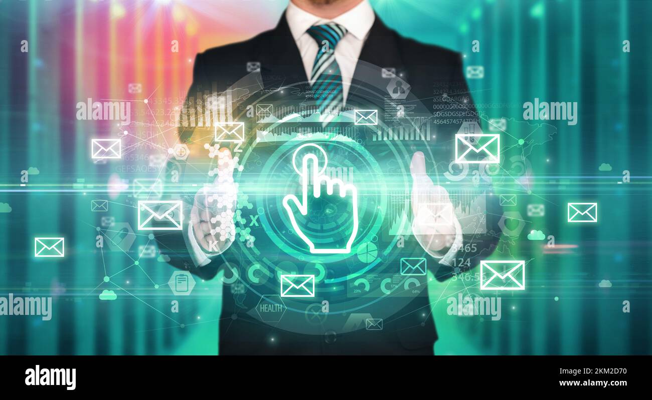 Businessman holding technology icon concept Stock Photo - Alamy
