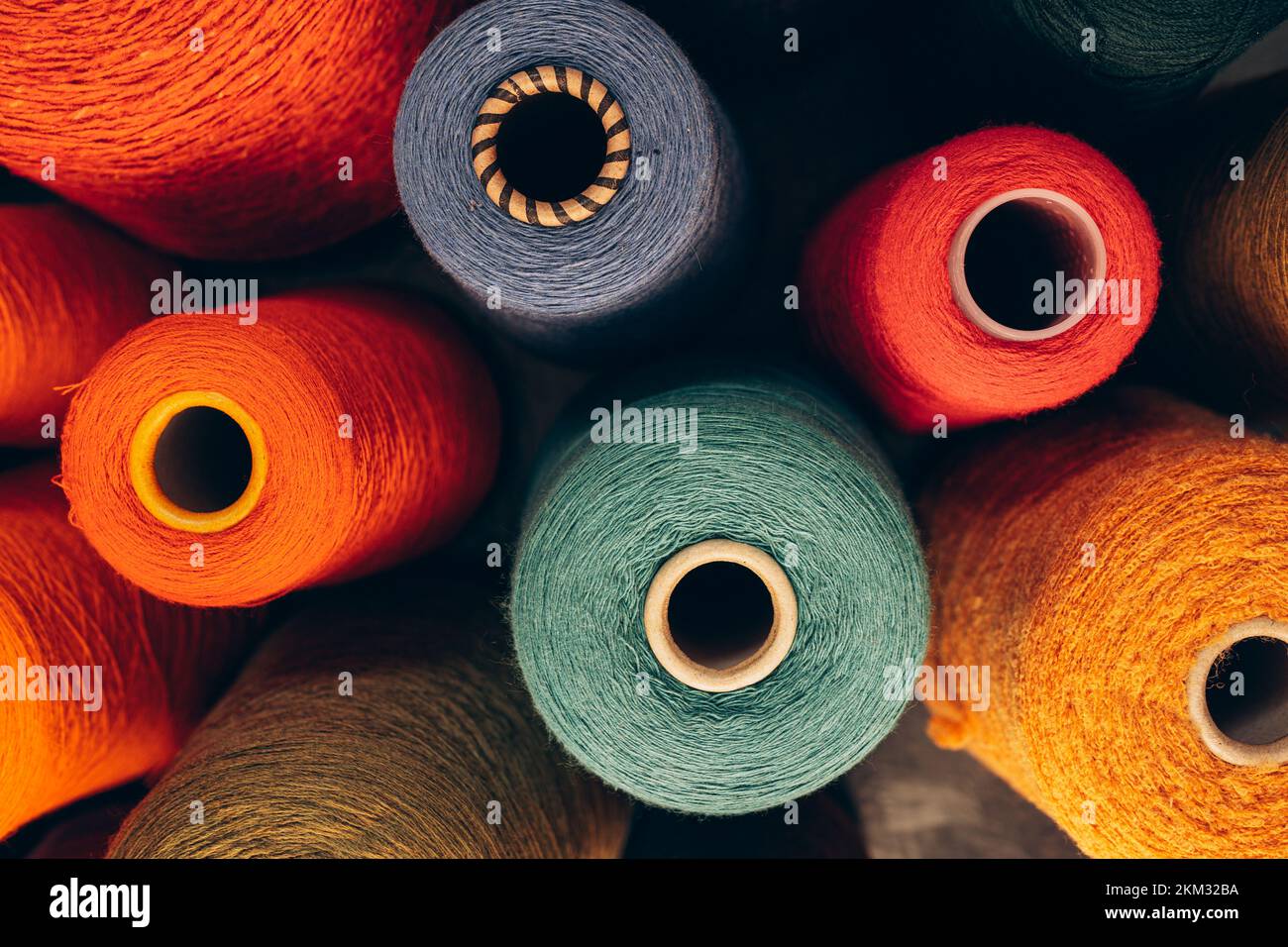 Composition of colorful vibrant wool threads from above. Autumn colours ...