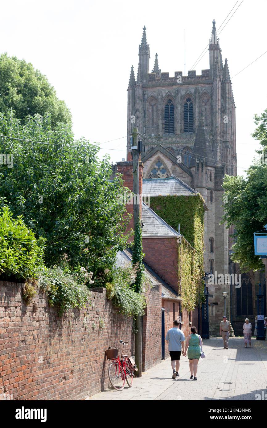 Cathedral seen from Church Street, Hereford, Herefordshire Stock Photo