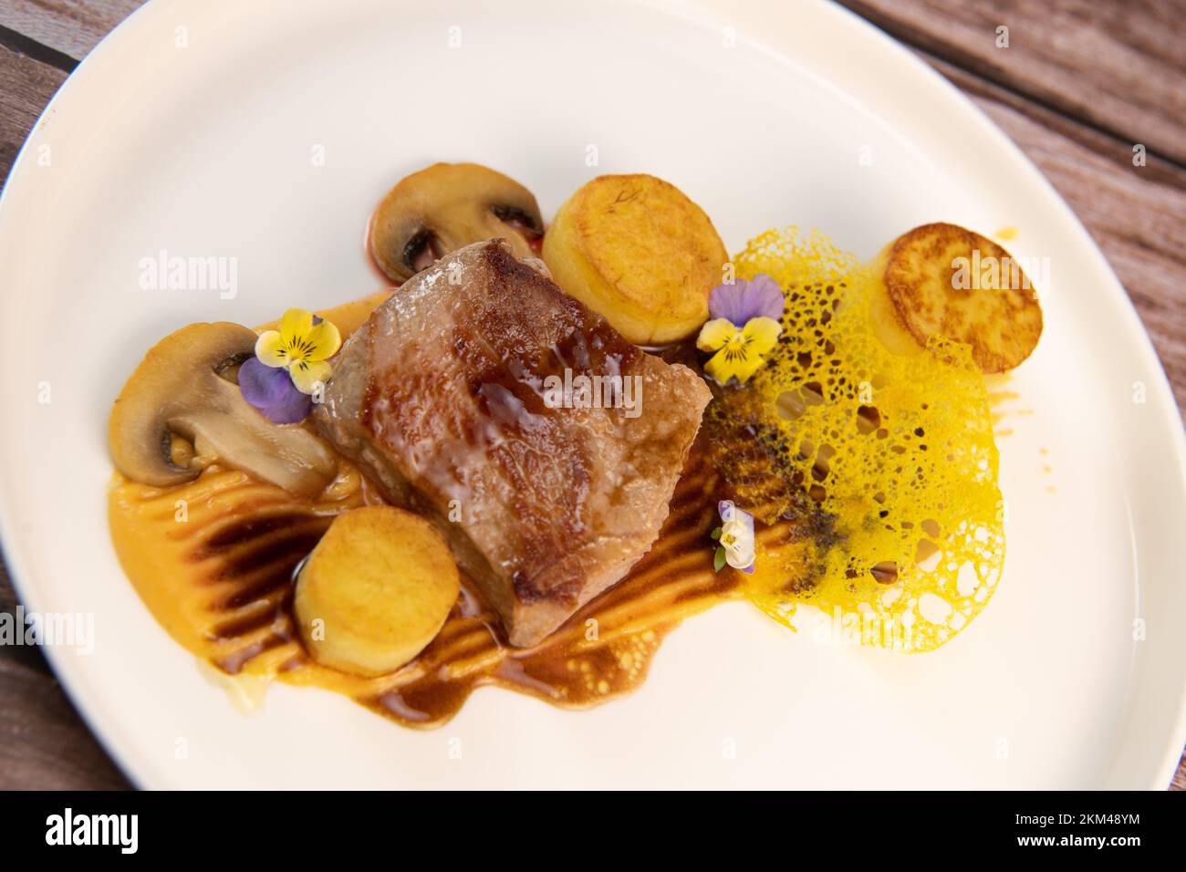 Recipe for veal, potato confit, mushroom, carrot puree, balsamic