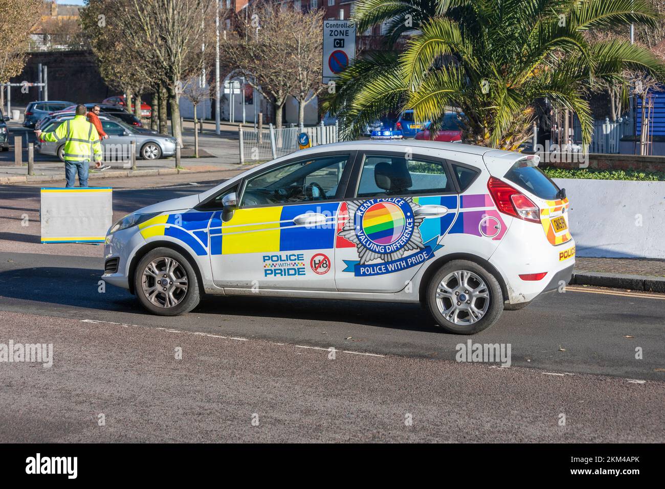 A police car with Police Pride graphics on it. Stock Photo