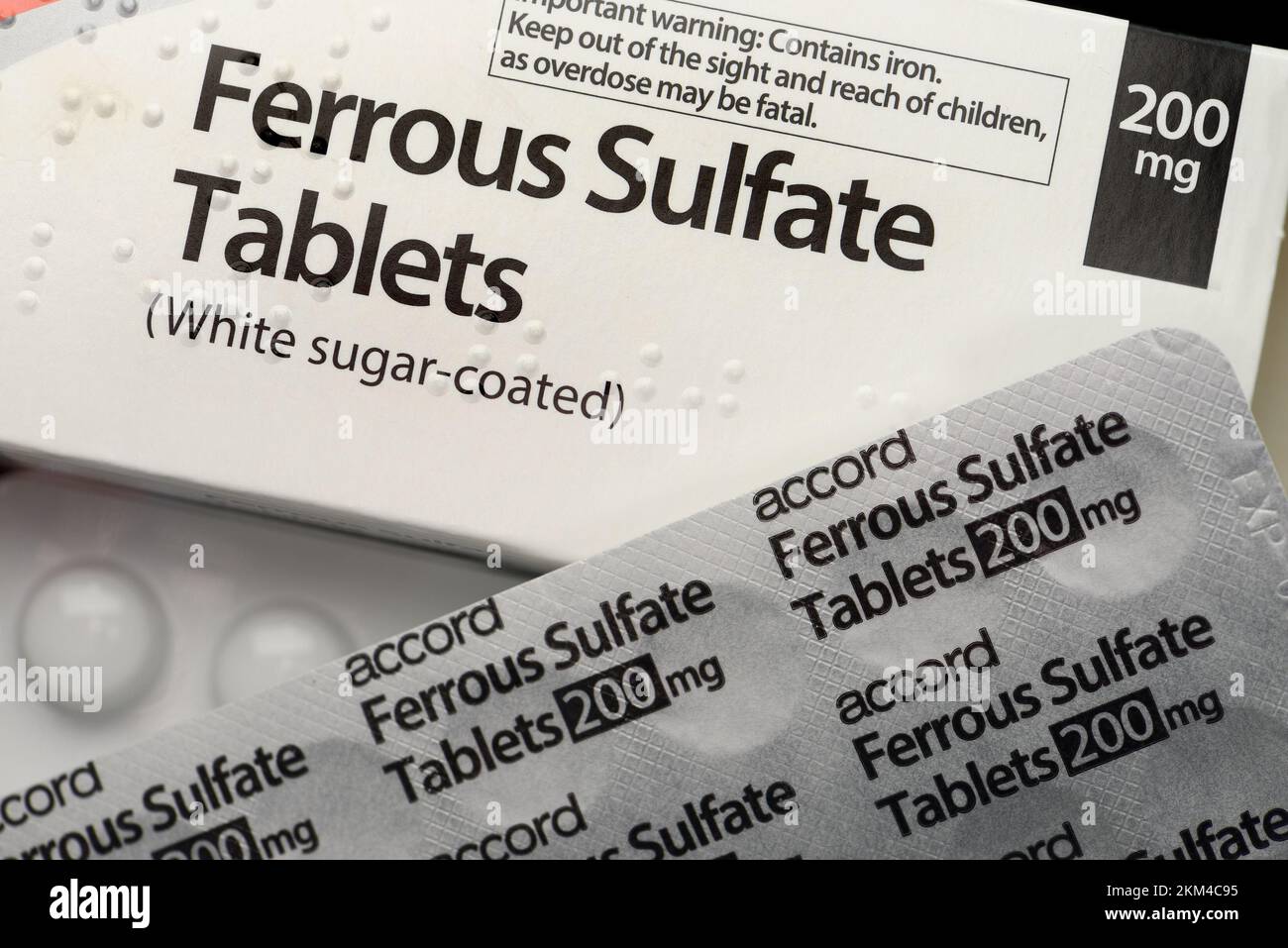 Ferrous Sulfate tablets - iron supplement to prevent low oxygen uptake by the red blood cells. 200mg Stock Photo