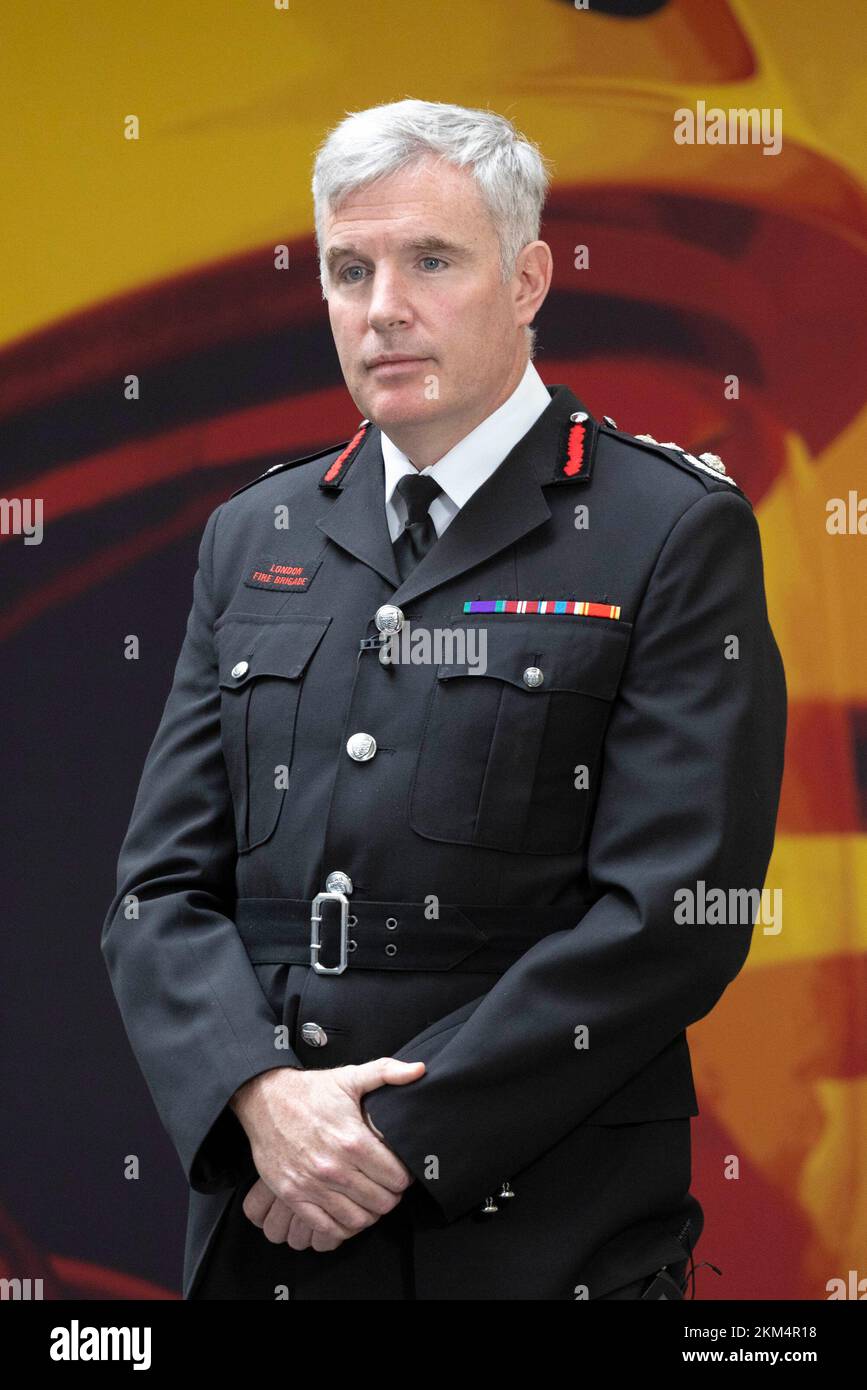 London Fire Brigade's commissioner Andy Roe speaks to journalists at London Fire Brigade (LFB) headquarters in Southwark, south London, after a briefing on LFB's independent culture review undertaken by Nazir Afzal. Picture date: Saturday November 26, 2022. Stock Photo