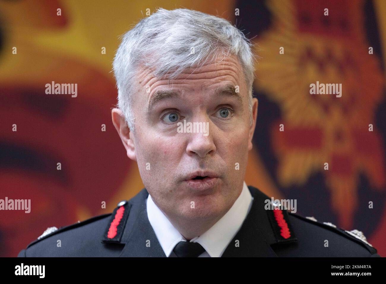 London Fire Brigade's commissioner Andy Roe speaks to journalists at London Fire Brigade (LFB) headquarters in Southwark, south London, after a briefing on LFB's independent culture review undertaken by Nazir Afzal. Picture date: Saturday November 26, 2022. Stock Photo