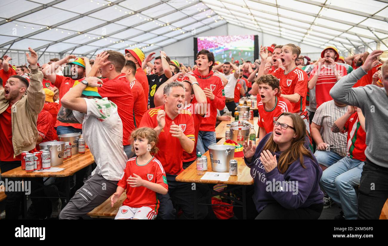Welsh fans react at the Fanzone in Swansea to Iran's winning goal in the 98th minute during their World Cup clash this morning. Stock Photo