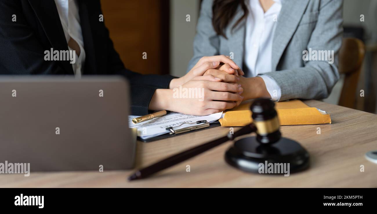 Justice and attorney concept. Lawyer meeting and consoling solution to