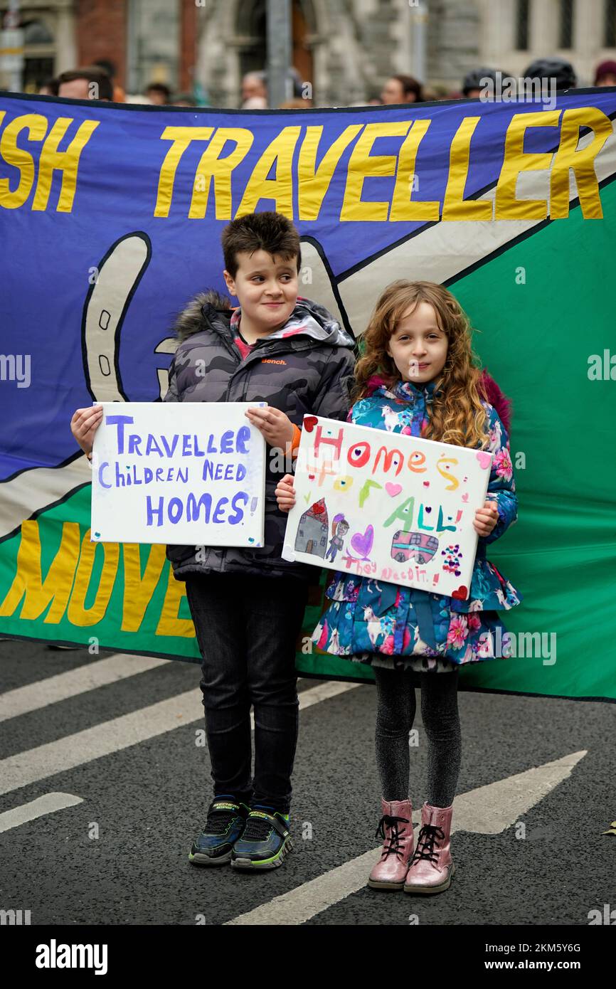 Two young children, Zoheir and Rosa Mouzali with their hand made signs during a Raise the Roof rally in Dublin. They are protesting over the country's ongoing housing crisis. Picture date: Saturday November 26, 2022. Stock Photo
