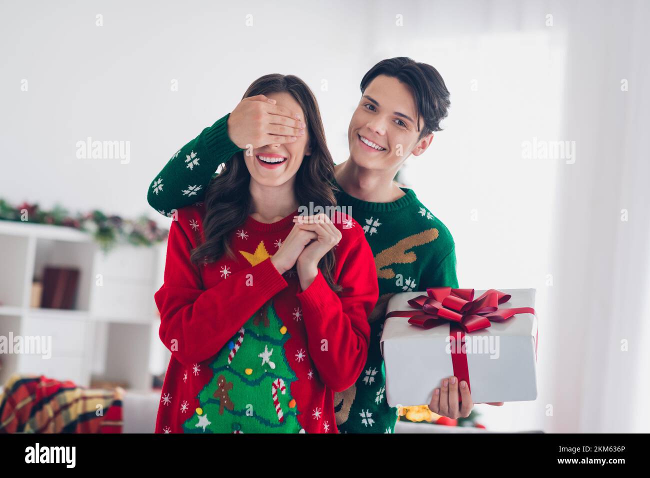 Photo of two lovely people couple wear ornament sweaters boyfriend give  girlfriend close eyes surprise box with bun excited indoors Stock Photo -  Alamy