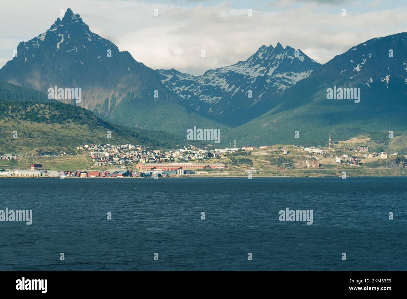 View of the Martial Mountains and the city of Ushuaia, Argentina. Taken from a boat sailing on the Beagle Channel. Stock Photo