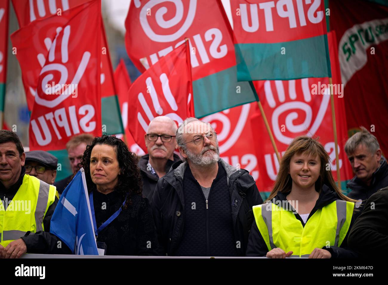 Actor Liam Cunningham (centre) during a Raise the Roof rally in Dublin. The protest is over the country's ongoing housing crisis. Picture date: Saturday November 26, 2022. Stock Photo