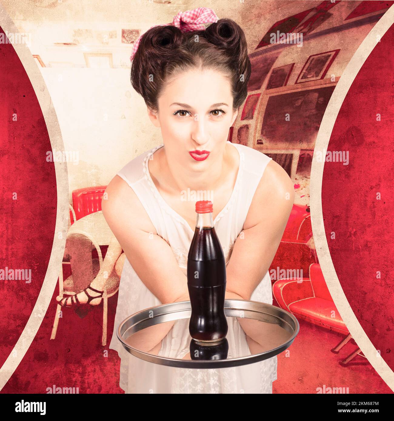 Grunge stylized photograph of a female pinup poster girl with hair