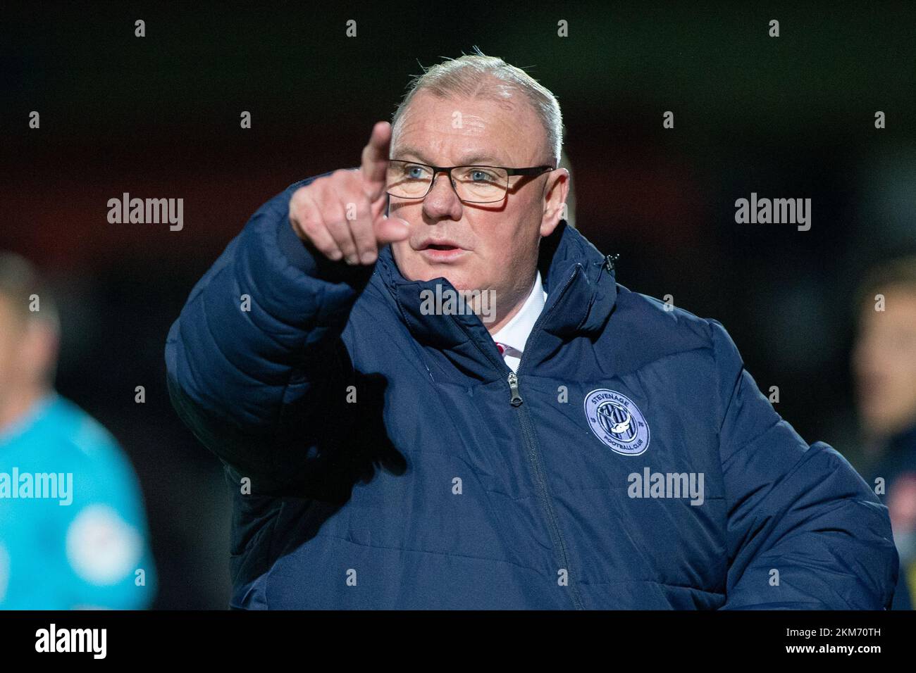 Steve Evans, football manager, Stevenage FC on touchline during game at Lamex Stadium, Stevenage.Gesticulating, shouting and giving direction . Stock Photo