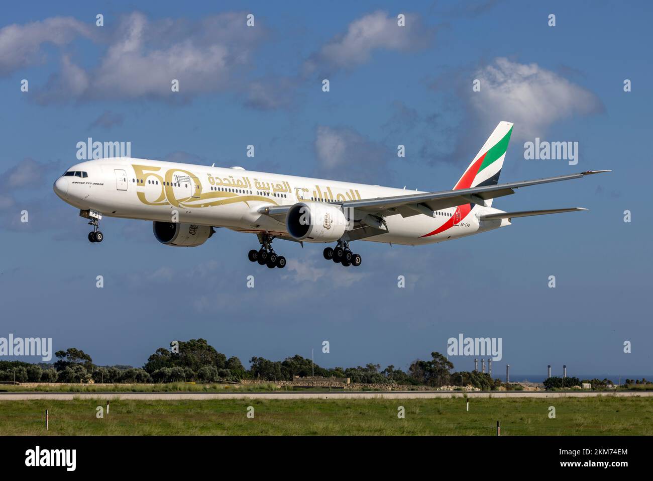 Emirates Boeing 77731HER (REG A6EPB) sporting the "UAE's 50th