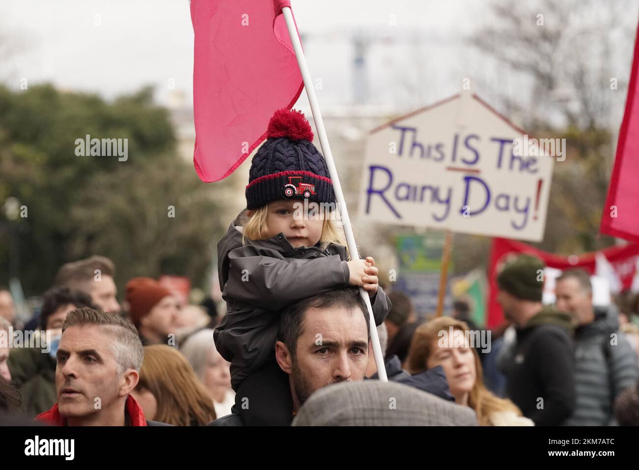 ** Parental consent given** A young girl takes part in a Raise the Roof rally in Dublin. The protest is over the country's ongoing housing crisis. Picture date: Saturday November 26, 2022. Stock Photo