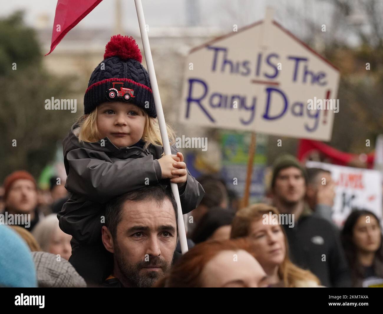 ** Parental consent given** A young girl takes part in a Raise the Roof rally in Dublin. The protest is over the country's ongoing housing crisis. Picture date: Saturday November 26, 2022. Stock Photo