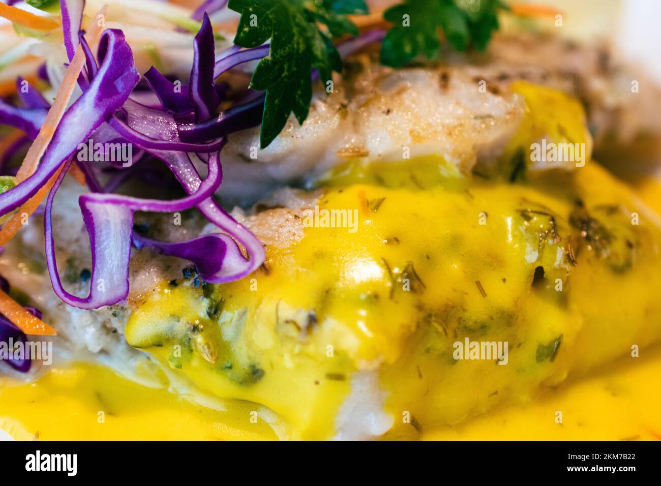 Close up on fish dish, with yellow sauce, parsley, and carrot slices. Stock Photo