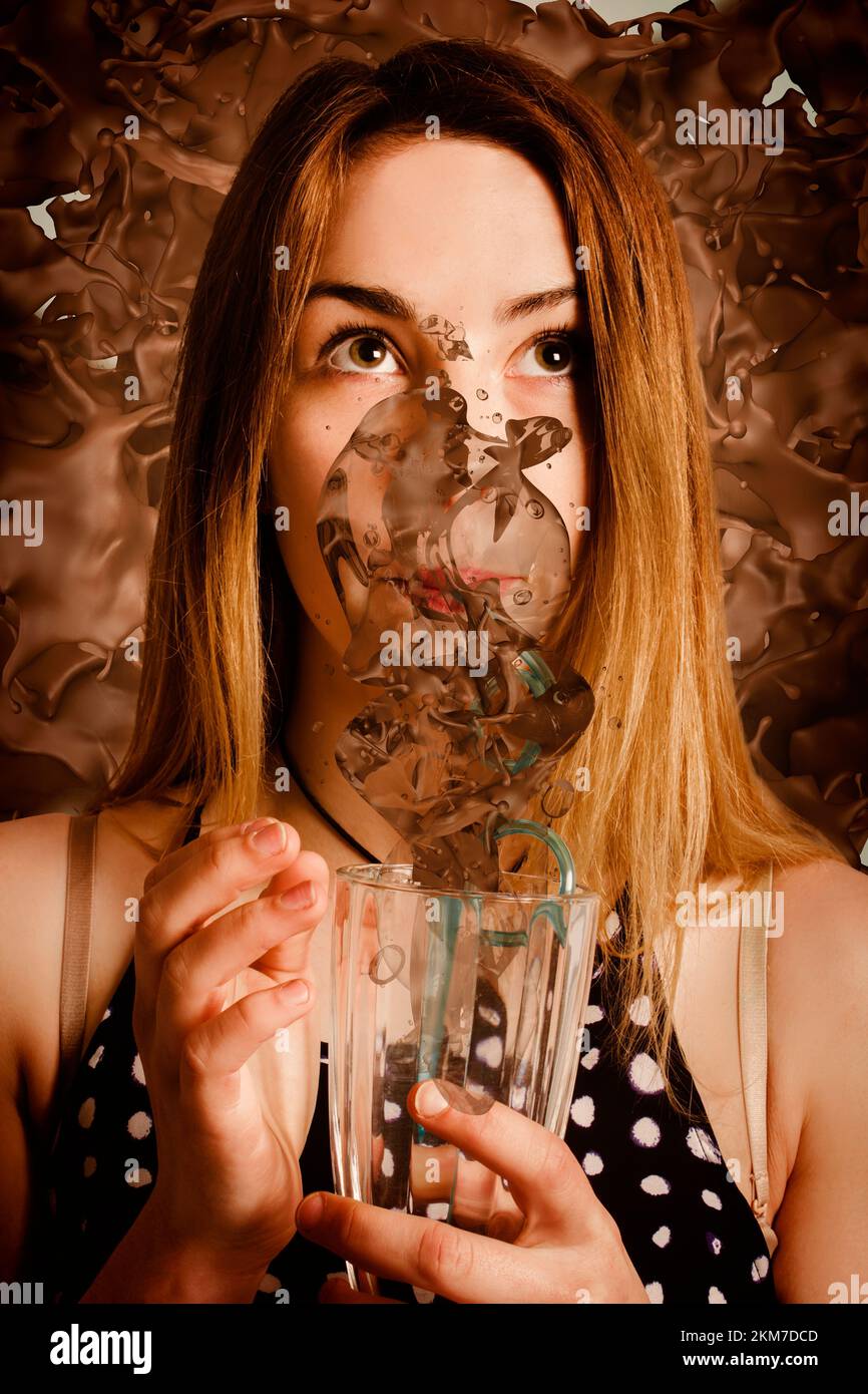 Food and beverage artwork on a funny girl slurping down a chocolate milkshake in splashes of fun. Cafe tin sign art Stock Photo