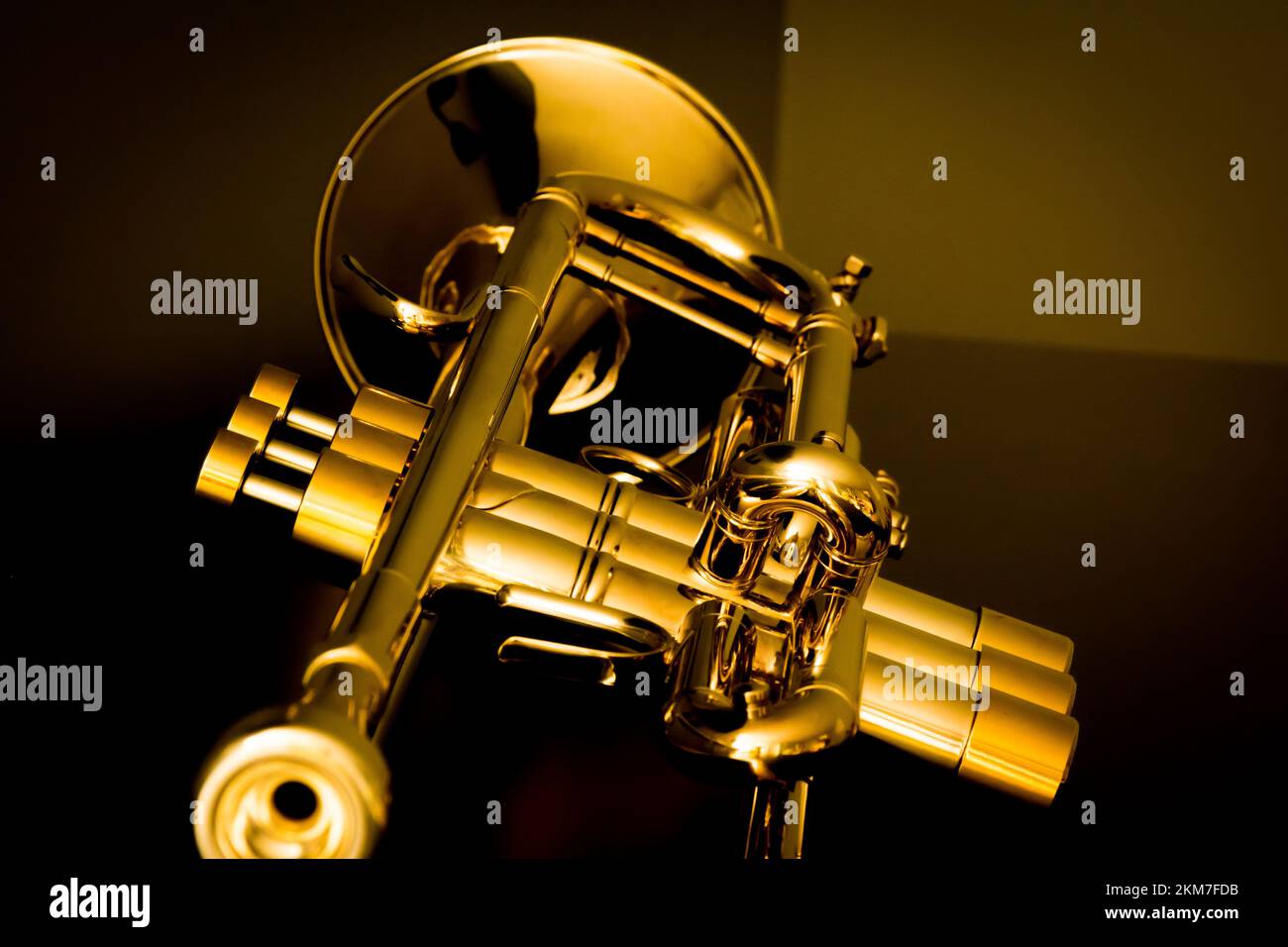 A trumpet with gold heavy buttons, caps and trim on a black surface in