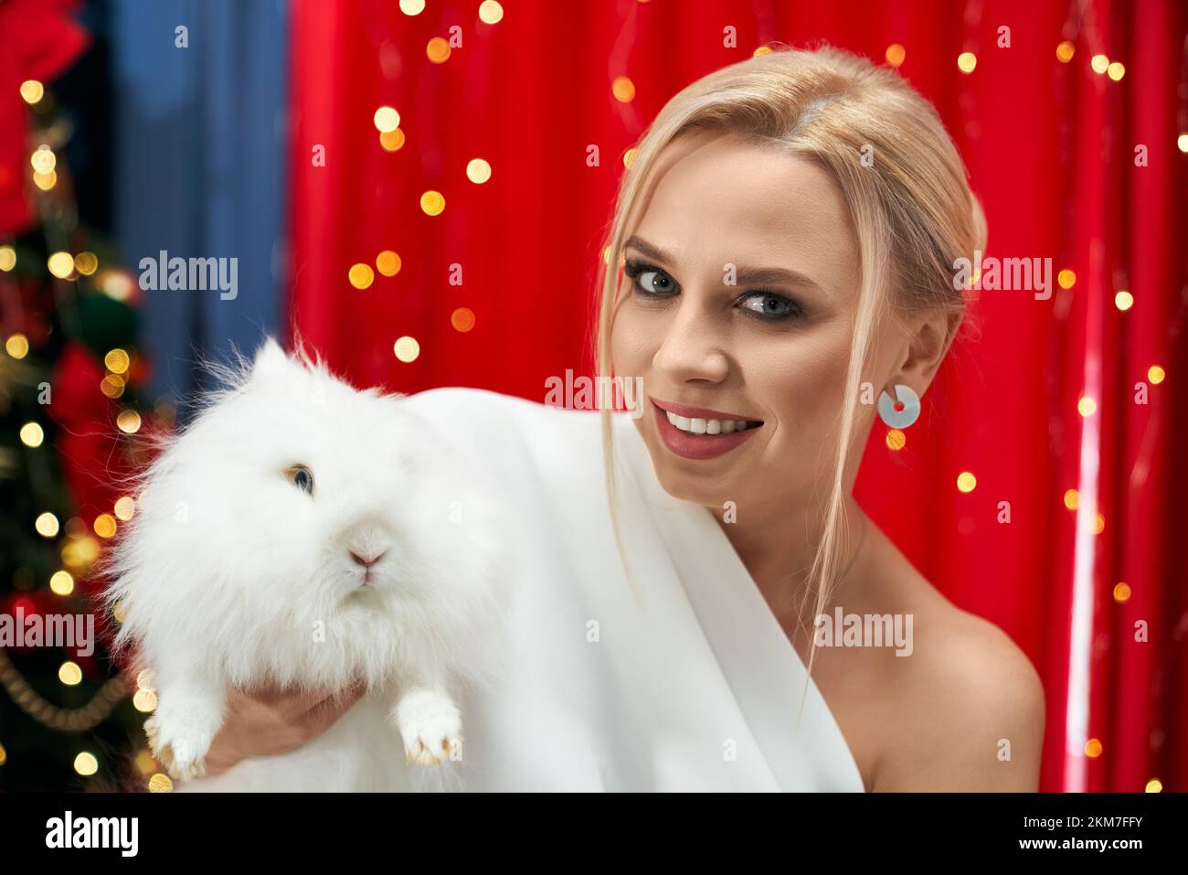 Close up of blonde, young lady holding white, furry rabbit, showing. Pretty woman looking at camera, smiling in room decorated with red curtains. Conc Stock Photo