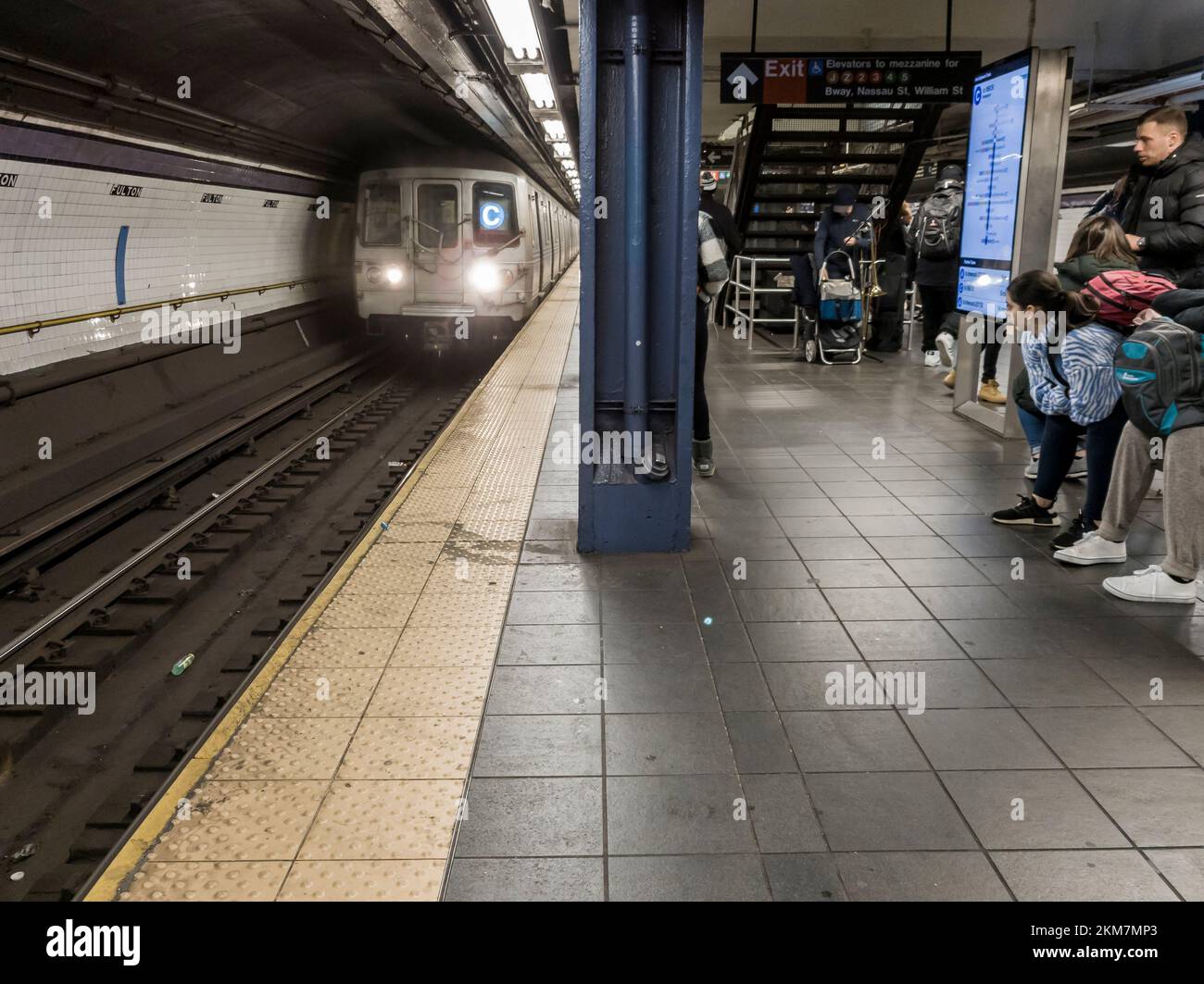 Subway ridership in New York, a C trains arrives at the Fulton Street station on Friday, November 18, 2022. (© Richard B. Levine) Stock Photo