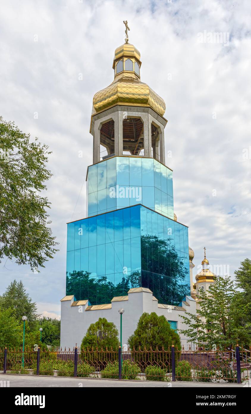 Bell tower of temple in honor of the Exaltation of the Honorable and Life-Giving Cross of the Lord in Obukhovka, Dnepropetrovsk region, Ukraine. Stock Photo