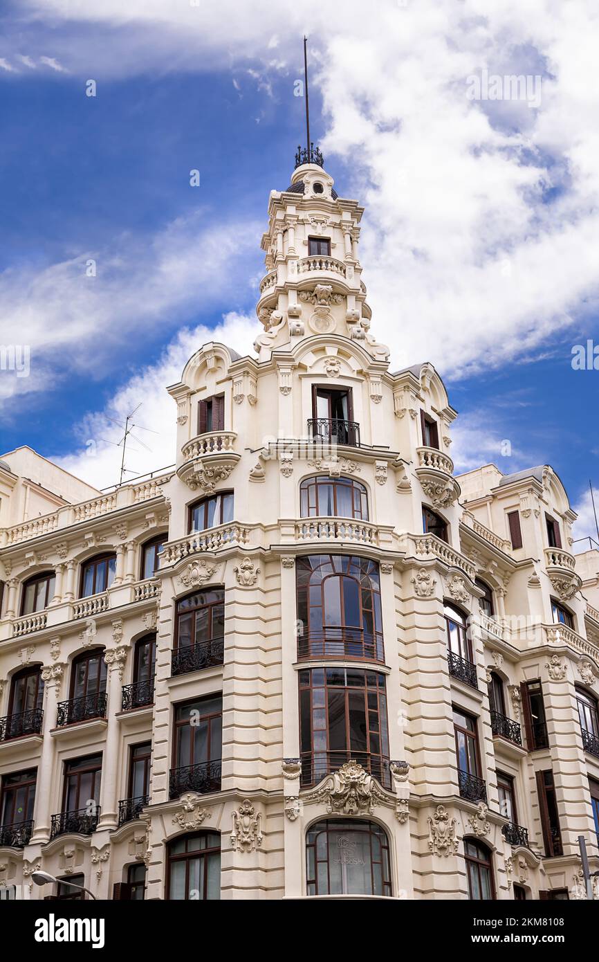 Madrid, Spain - June 20, 2022: Corner of a building overlooking the Gran Via in Madrid Stock Photo