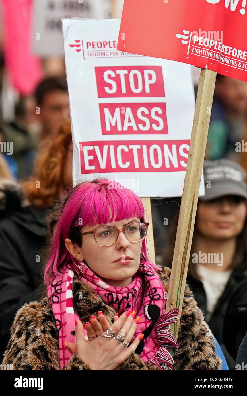 A woman takes part in a Raise the Roof rally in Dublin. The protest is over the country's ongoing housing crisis. Picture date: Saturday November 26, 2022. Stock Photo