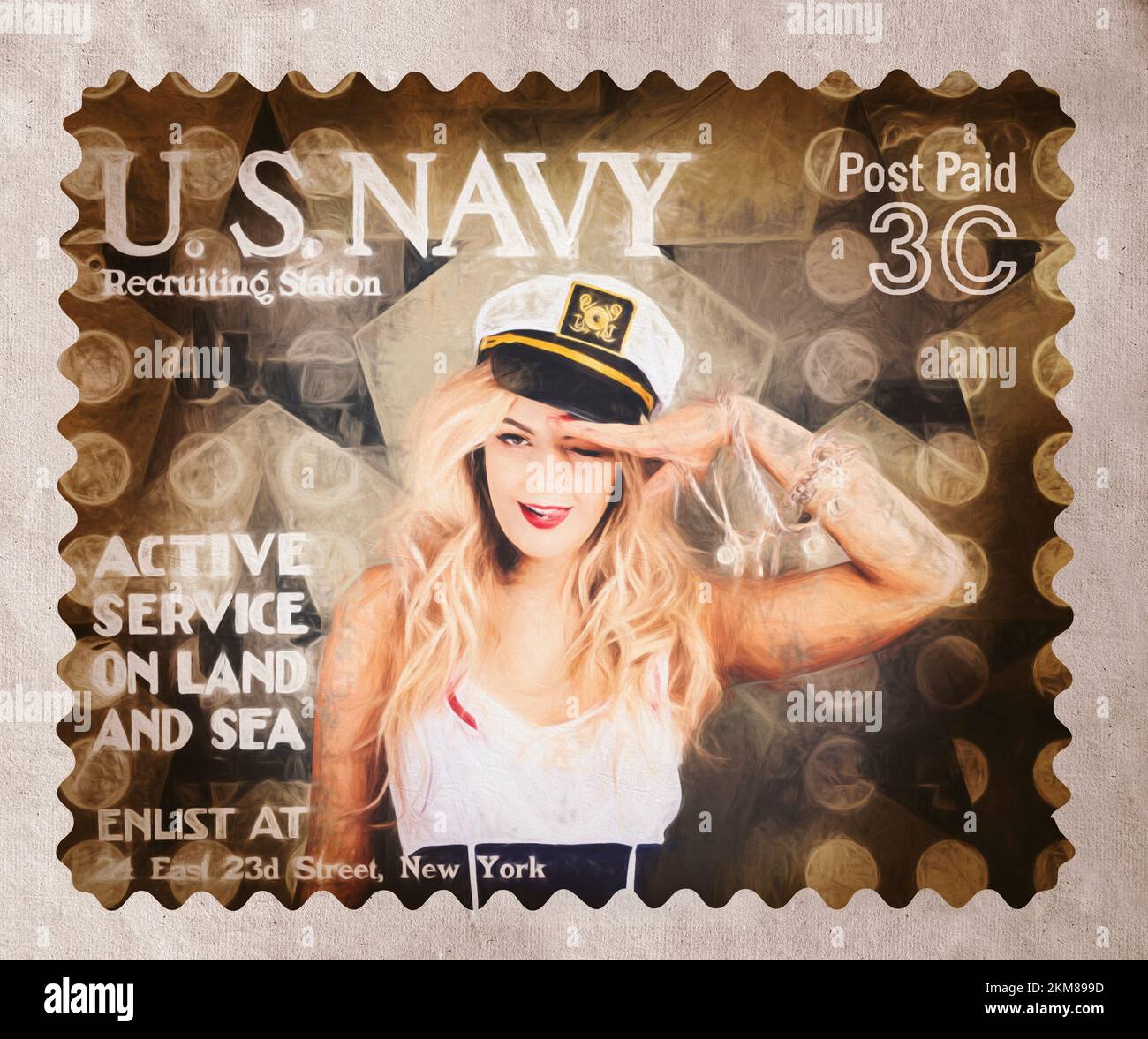 Creative fine art illustration - United States ww1 recruitment postage stamp of a navy sailor girl saluting at an enlisting station. Posted pin-ups Stock Photo