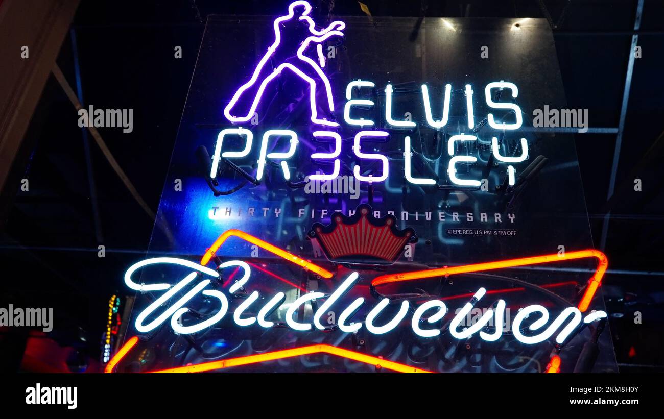 Elvis Presley neon sign at Beale Street in Memphis - the home of Blues