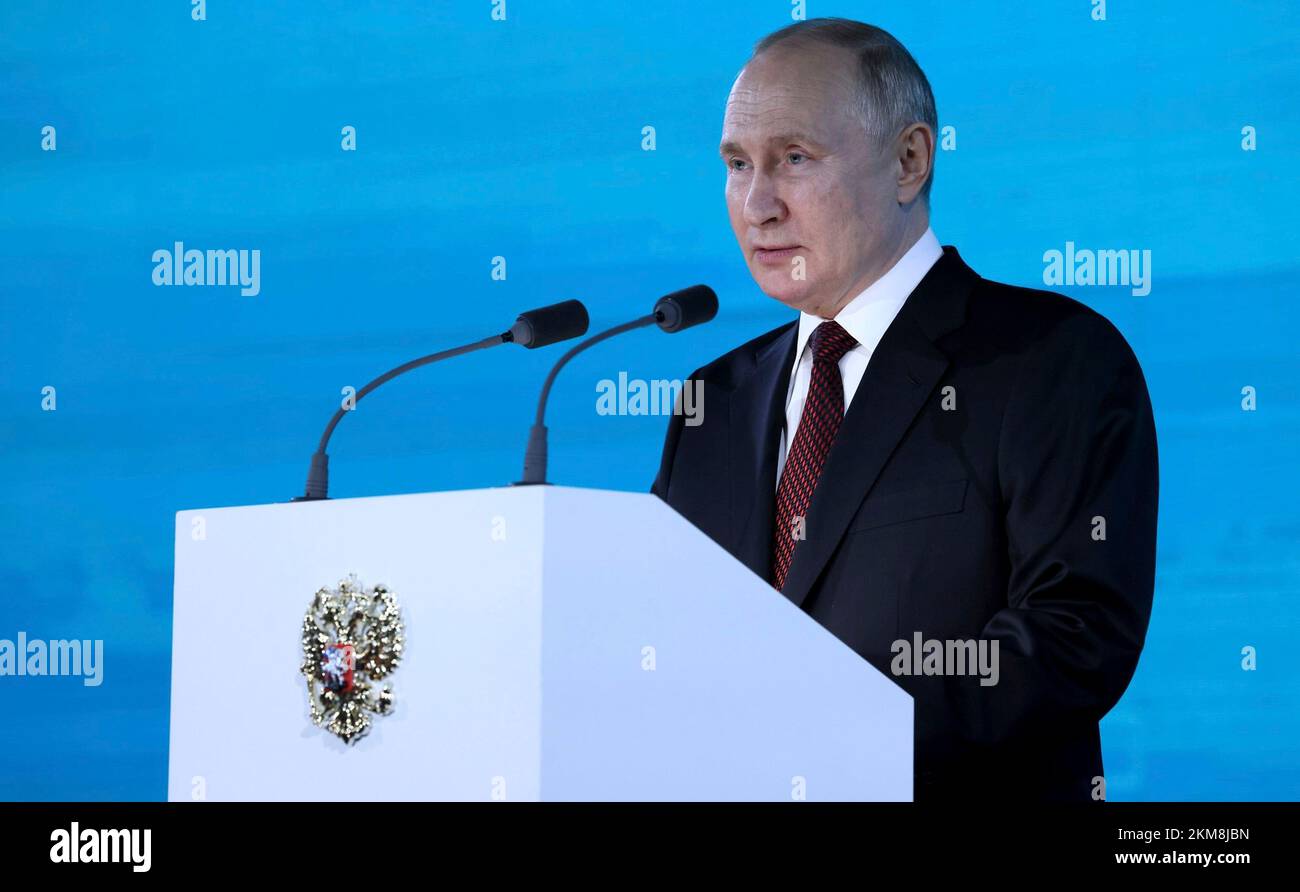 Moscow, Russia. 25th Nov, 2022. Russian President Vladimir Putin delivers remarks to a gala celebrating the 15th anniversary of the Russian state corporation Rostec at the Rostec City Business Park, November 25, 2022 in Moscow, Russia. Credit: Iliya Pitalev/Kremlin Pool/Alamy Live News Stock Photo